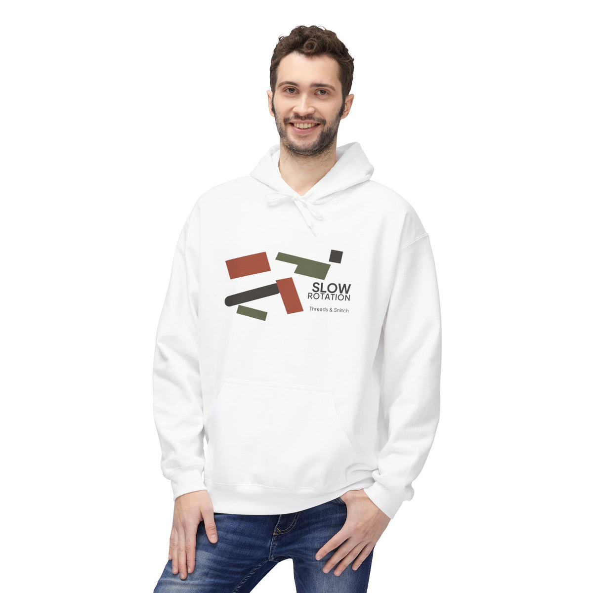 Model mockup of Slow Rotation Abstract Graphic Hoodie in White, front view showing angled bars and separated geometric forms with Slow Rotation lettering.