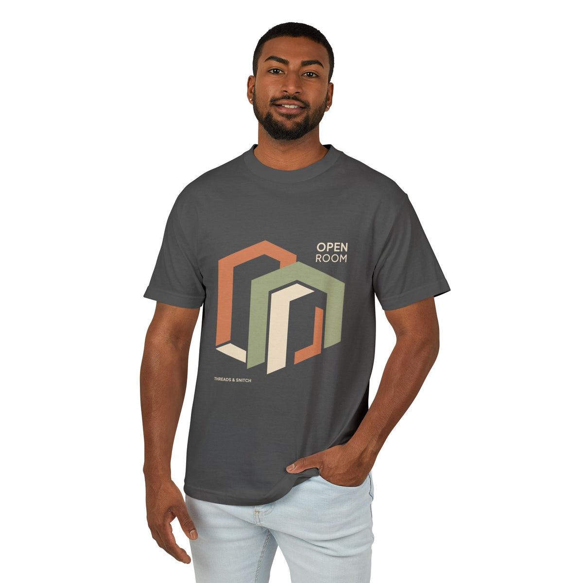 Model mockup of Open Room Architectural Graphic Tee in Faded Black, front view showing overlapping open doorway shapes with Open Room lettering.