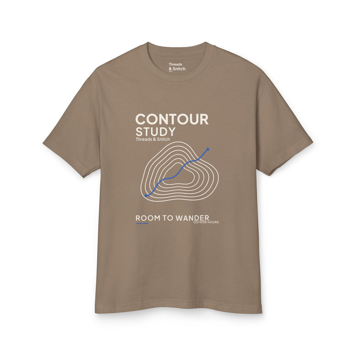 Mockup of Contour Study Topographic Tee in Faded Brown, front view showing contour lines crossed by a blue route.