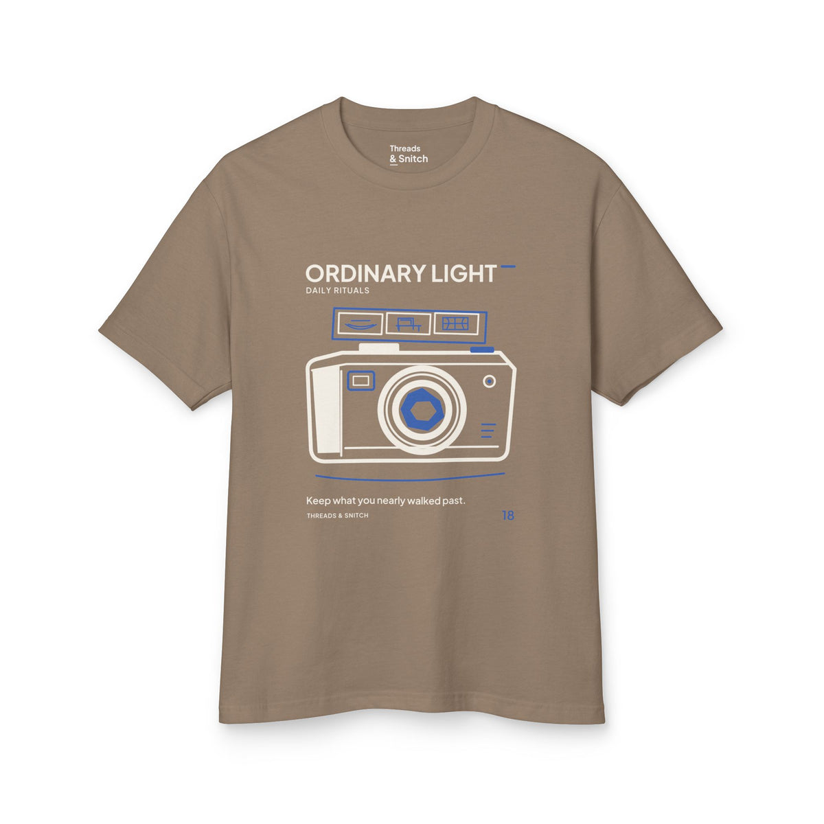 Mockup of Ordinary Light Camera Tee in Faded Brown, front view showing camera with blue lens details and a strip of small domestic scenes.
