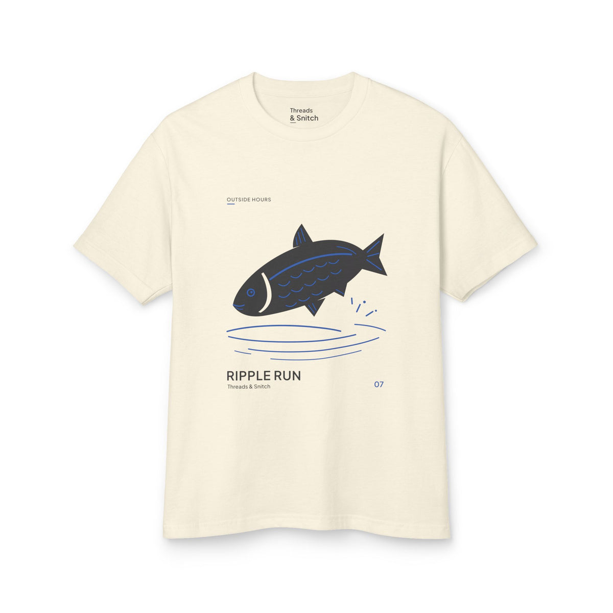 Mockup of Ripple Run Fish Graphic Tee in Faded Cream, front view showing fish above wide blue water ripples.