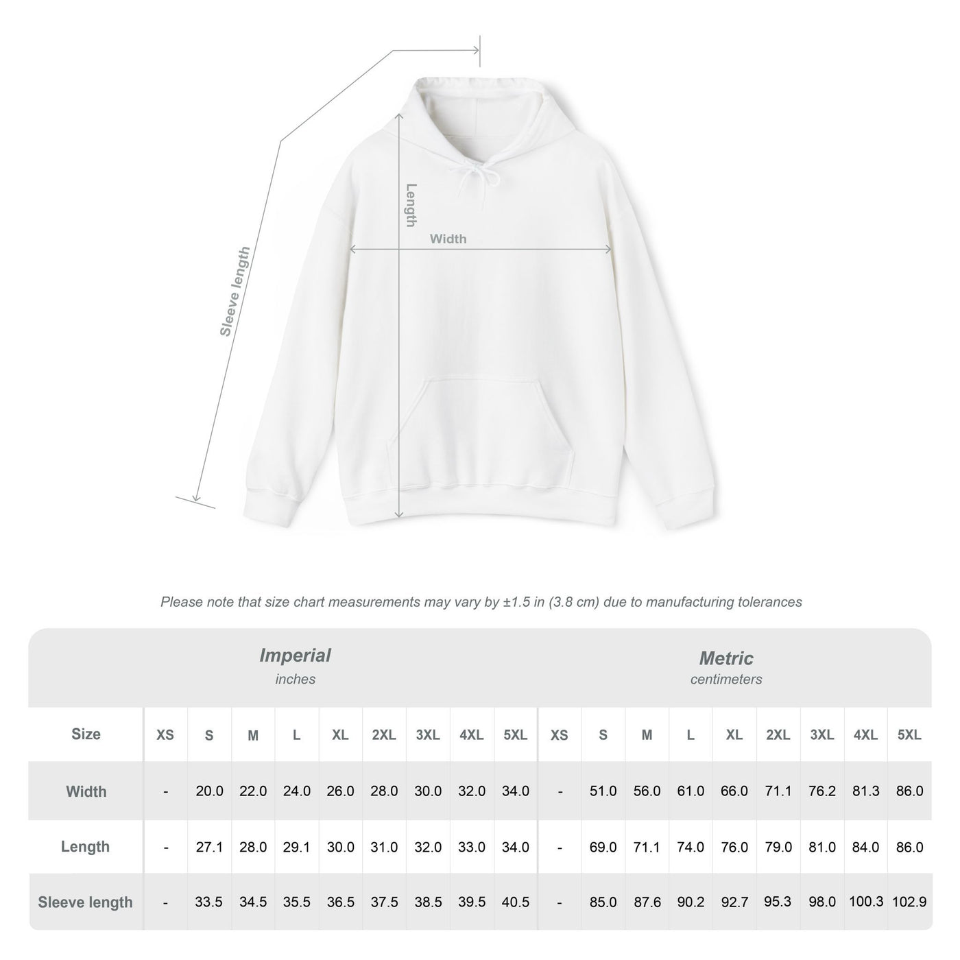 Hoodie size chart