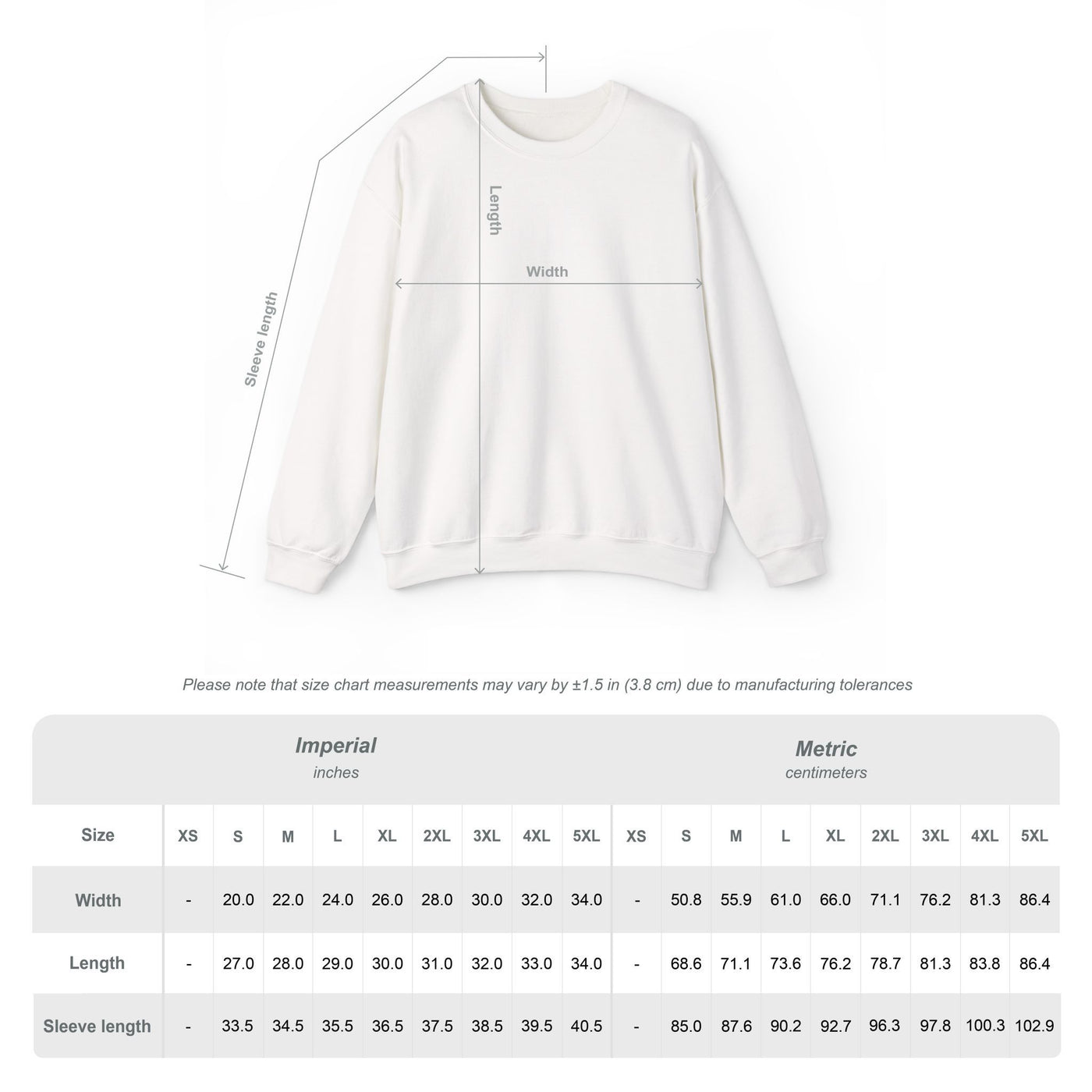 Sweatshirt size chart