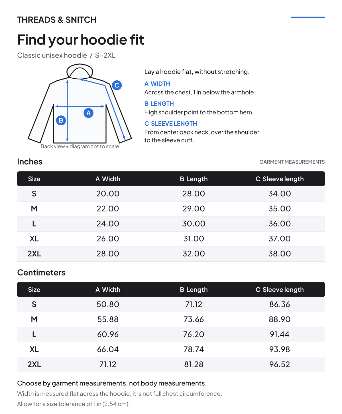 Threads & Snitch classic hoodie size guide, S–2XL, with garment width, length and center-back sleeve measurements in inches and centimeters.
