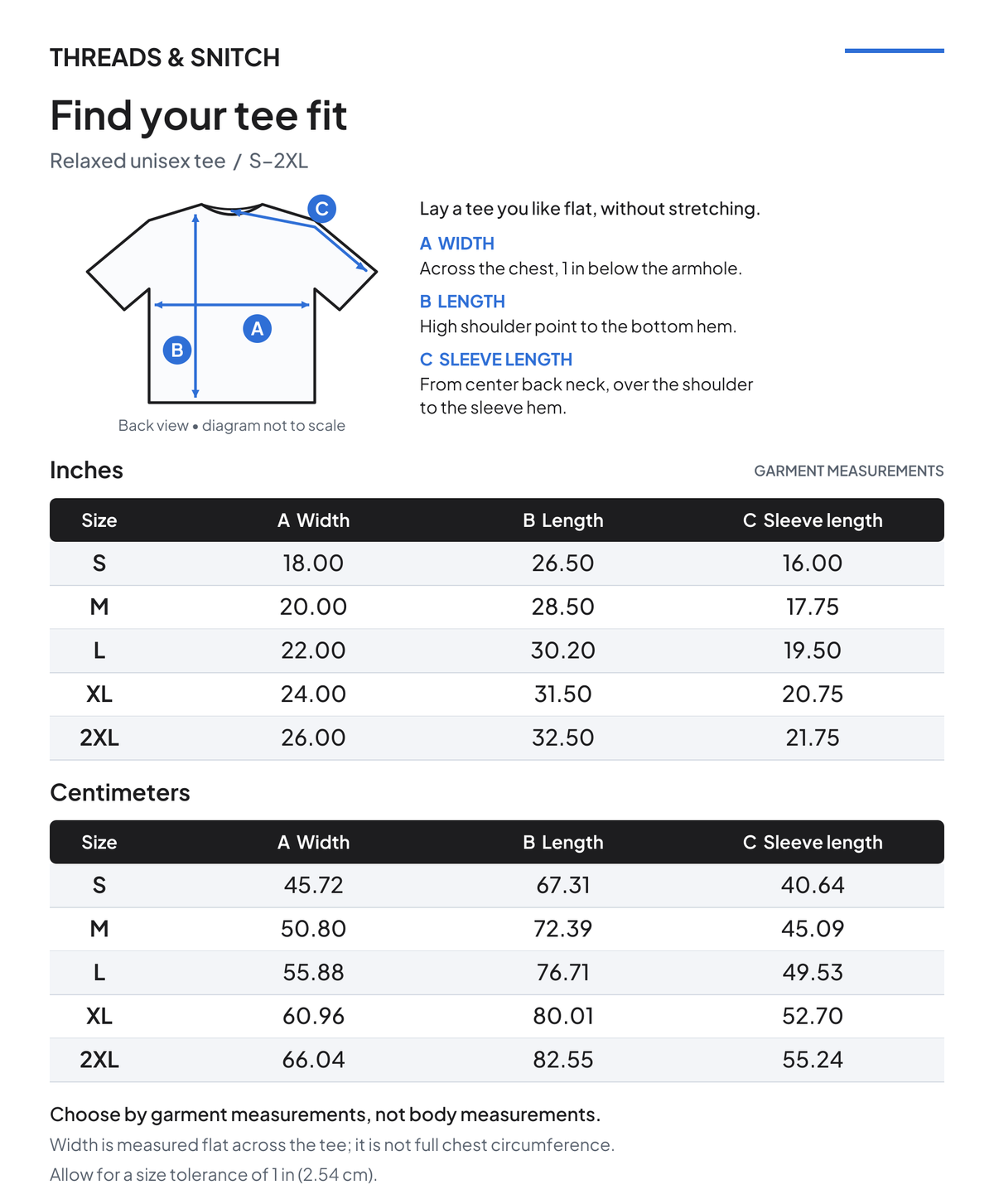 Threads & Snitch relaxed tee size guide, S–2XL, with garment width, length and center-back sleeve measurements in inches and centimeters.